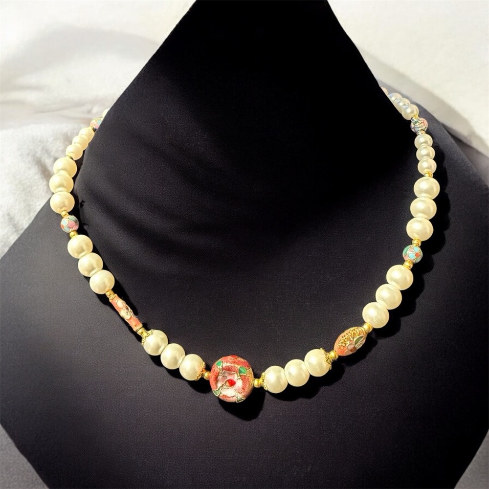 Handcrafted Cloisonné Pearl and Gold Beaded Necklace - Picture 3 of 12